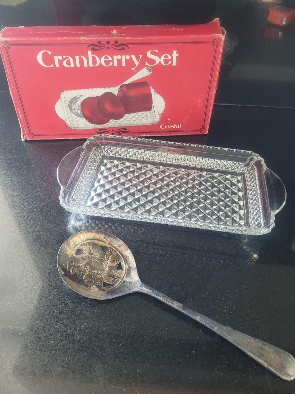 VINTAGE Crystal Cranberry Set Serving Tray with Spoon